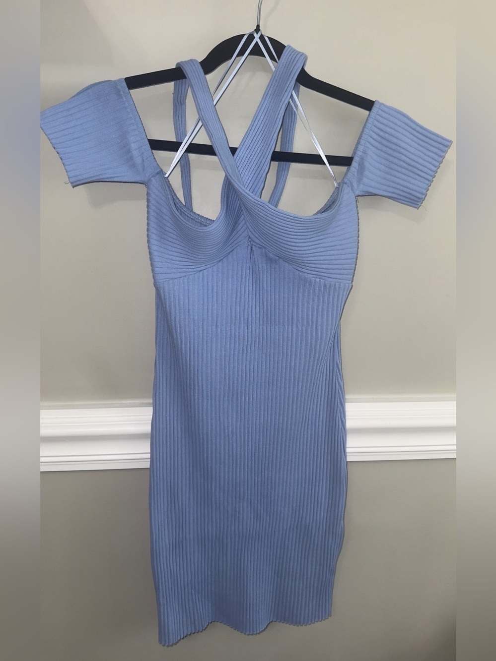 Zara Sky Blue Ribbed One-Shoulder Cross-Neck Bodycon Dress Small - Picture 4 of 7
